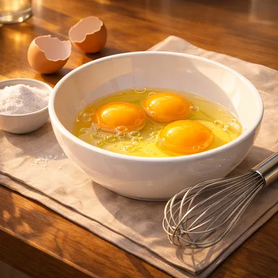 Three Raw Eggs In A White Mixing Bowl