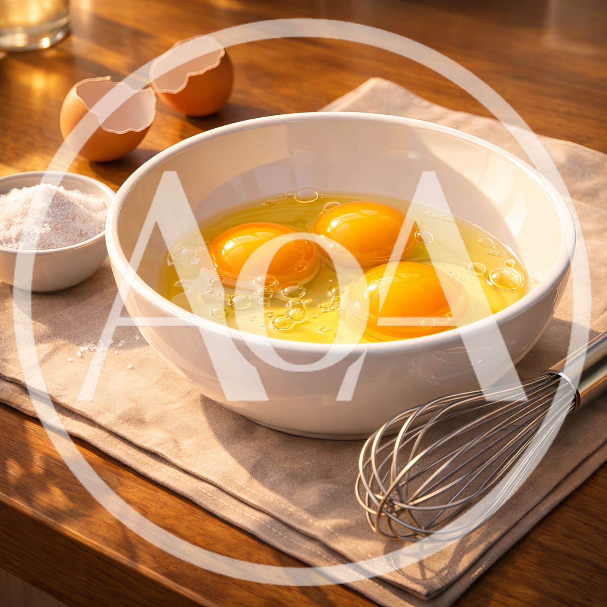 Three Raw Eggs In A White Mixing Bowl