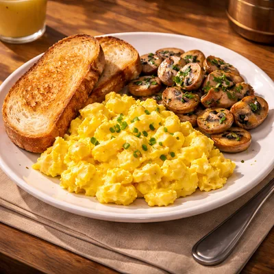 Scrambled Eggs With Sautéed Mushrooms And Toast