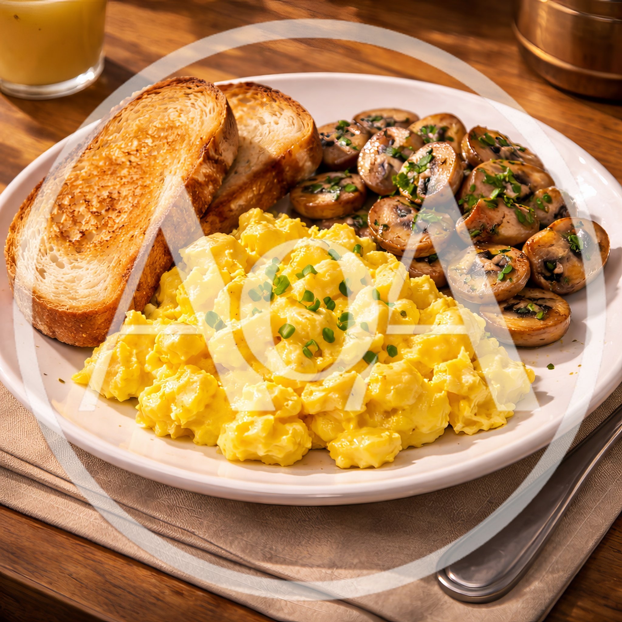 Scrambled Eggs With Sautéed Mushrooms And Toast