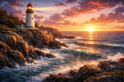 Lighthouse Standing On Rocky Coastline At Sunset
