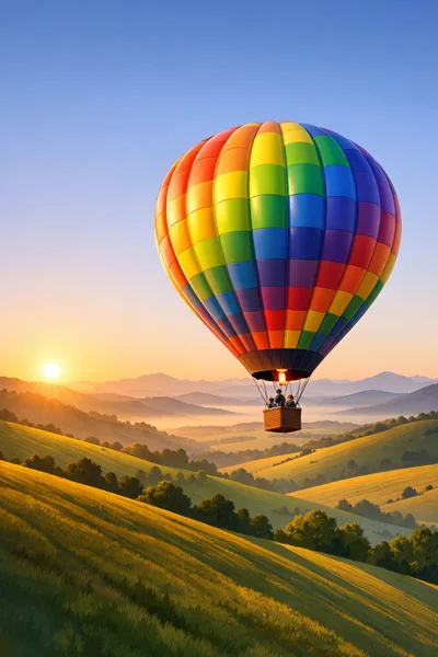 Colorful Hot Air Balloon Floating Over Rolling Hills