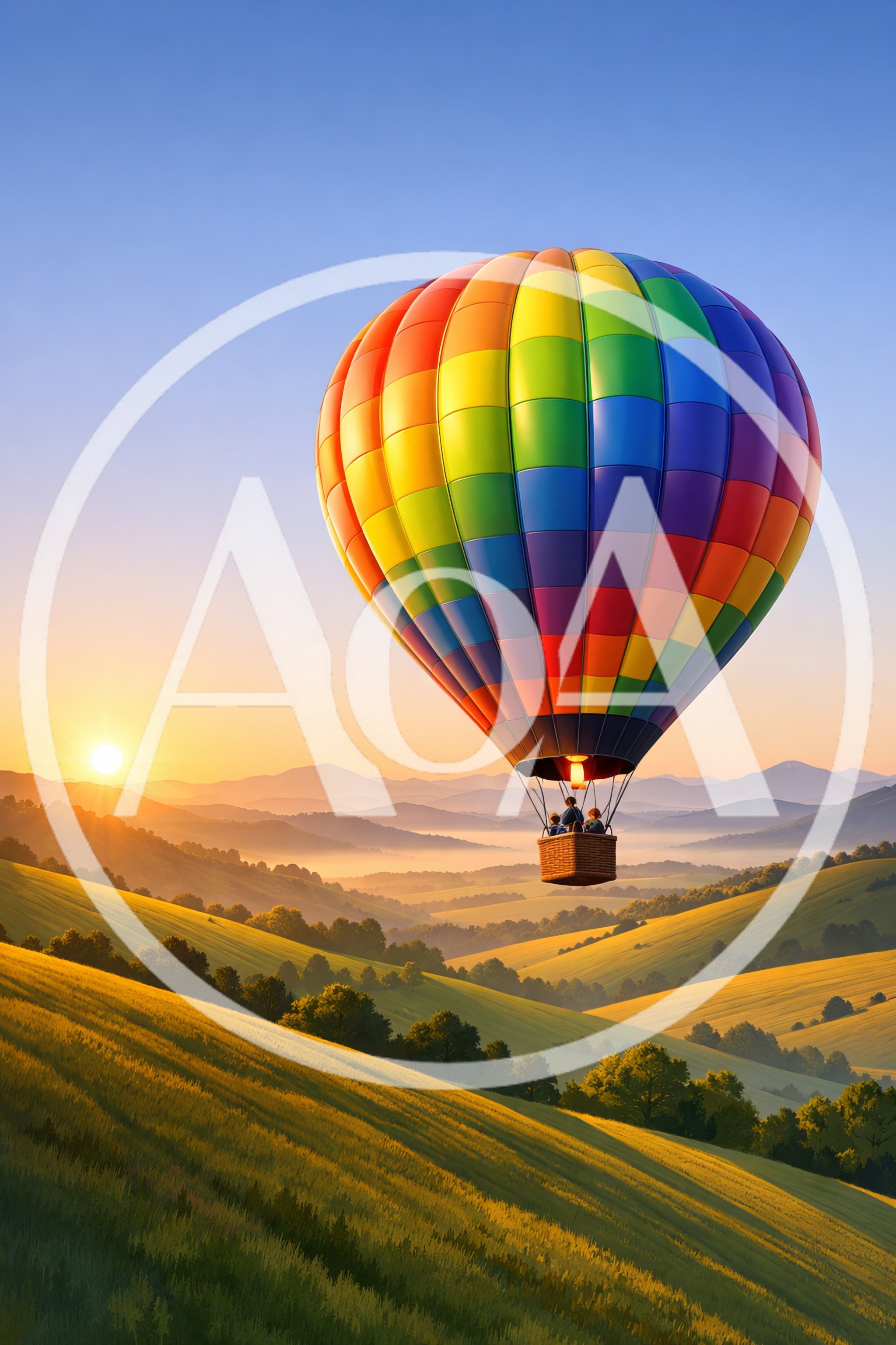 Colorful Hot Air Balloon Floating Over Rolling Hills