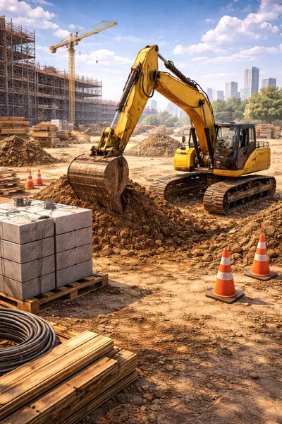 Yellow Excavator Working at a Construction Site