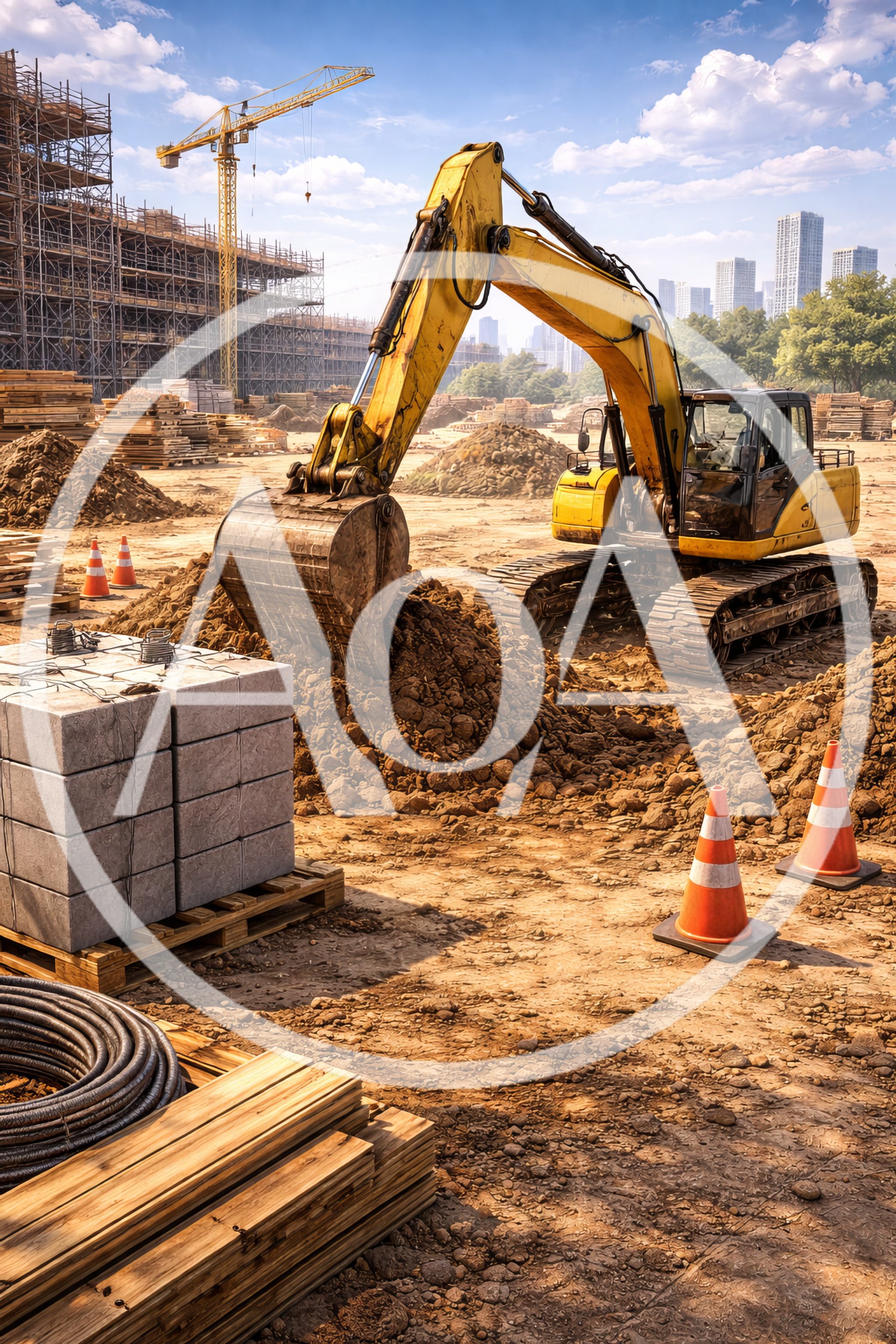 Yellow Excavator Working at a Construction Site
