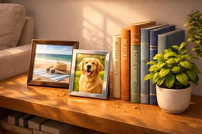 Cozy Living Room Shelf With Photo Frames And Books