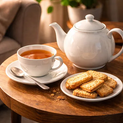Tea Service With Biscuits On A Wooden Table