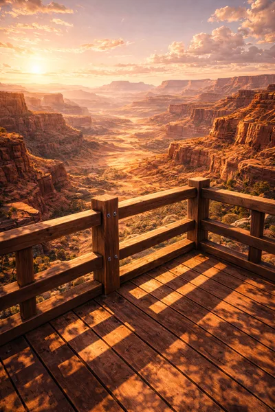 Wooden Observation Deck Overlooking A Vast Desert Canyon