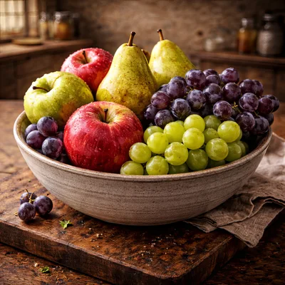 Fresh Fruit Bowl With Apples Pears And Grapes