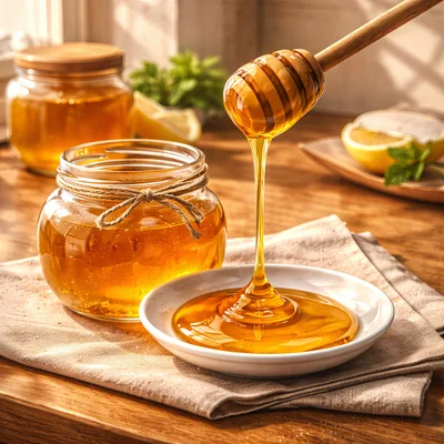 Honey Dipper Drizzling Golden Honey onto a Plate