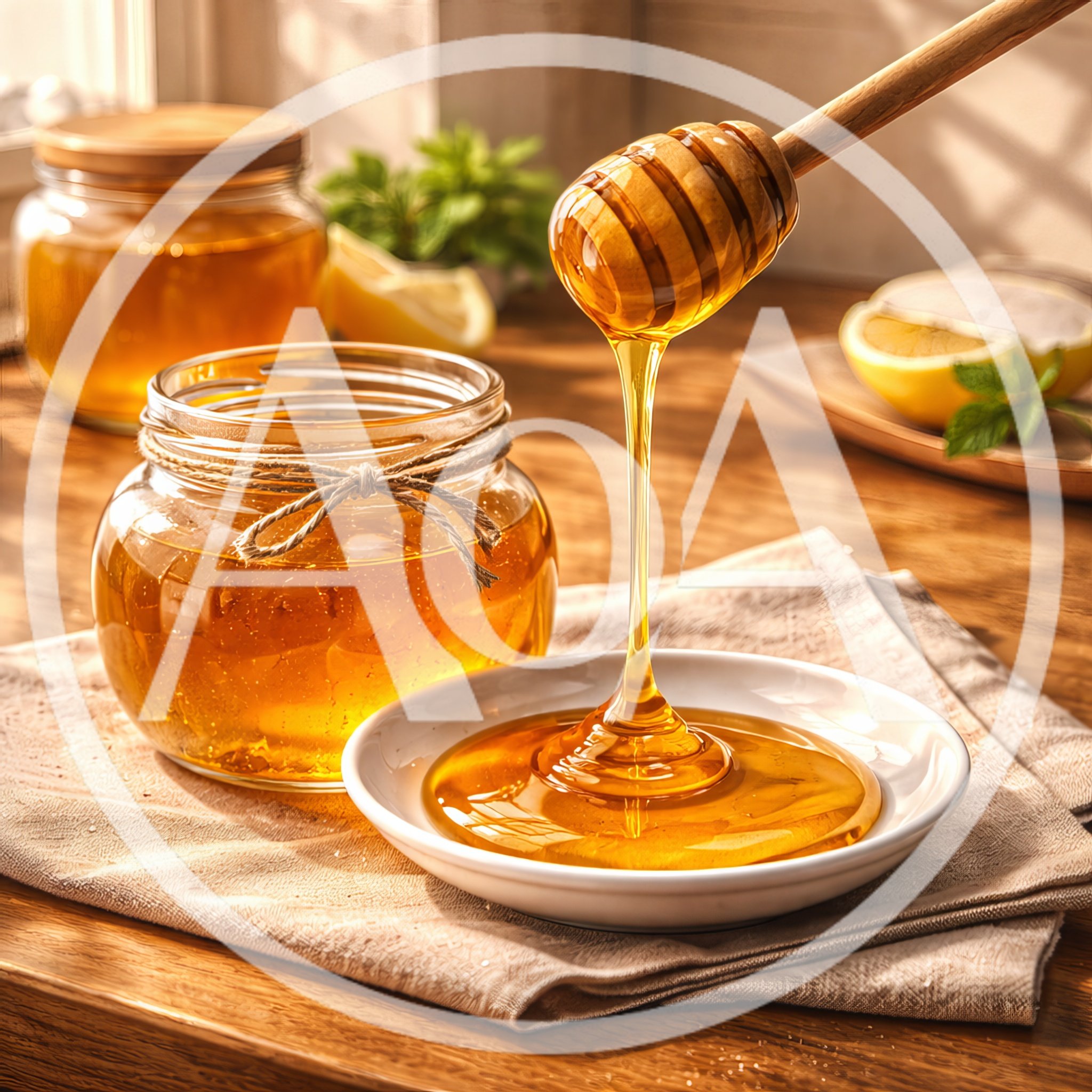 Honey Dipper Drizzling Golden Honey onto a Plate