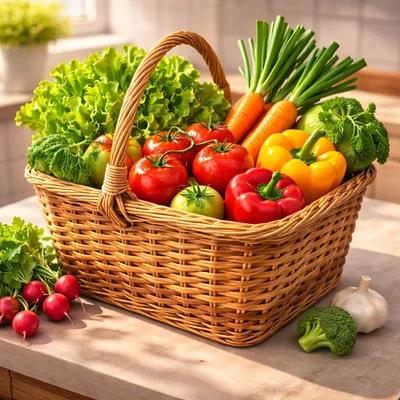 Wicker Basket Filled With Fresh Organic Vegetables