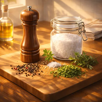 Wooden Pepper Mill And Salt Jar On Cutting Board