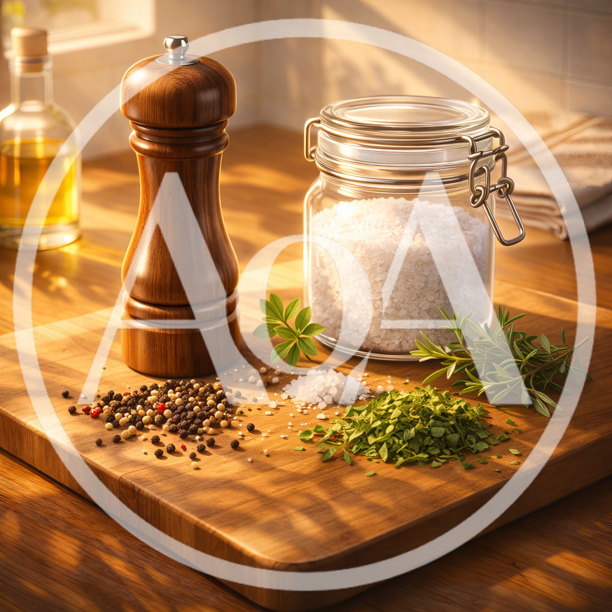 Wooden Pepper Mill And Salt Jar On Cutting Board