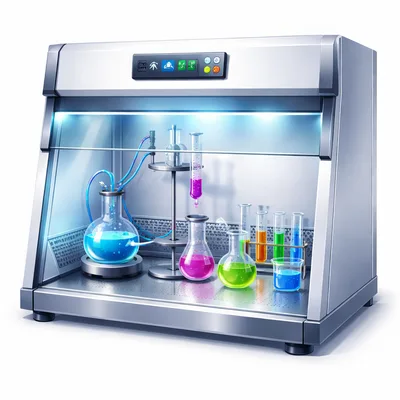 Laboratory Fume Hood With Colorful Chemical Experiments