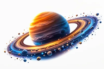 Gas Giant Planet With Glowing Rings And Asteroids