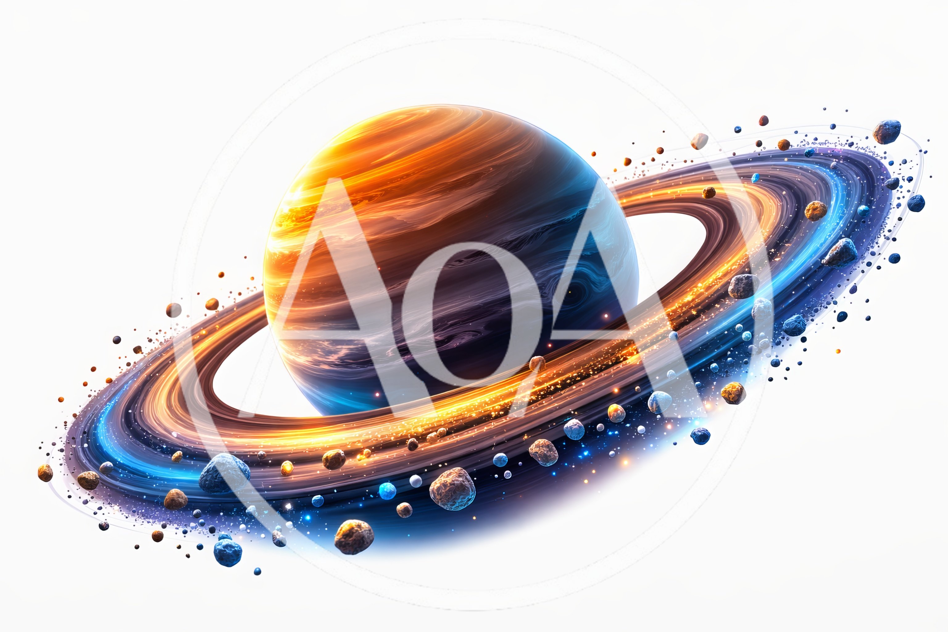 Gas Giant Planet With Glowing Rings And Asteroids