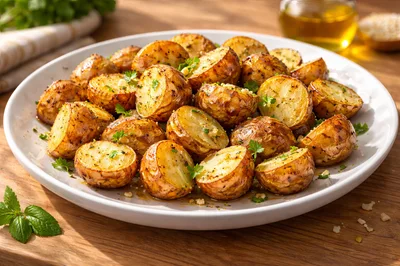 Roasted Herb Potatoes On A White Plate