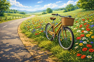 Bicycle With Wicker Basket In A Wildflower Meadow