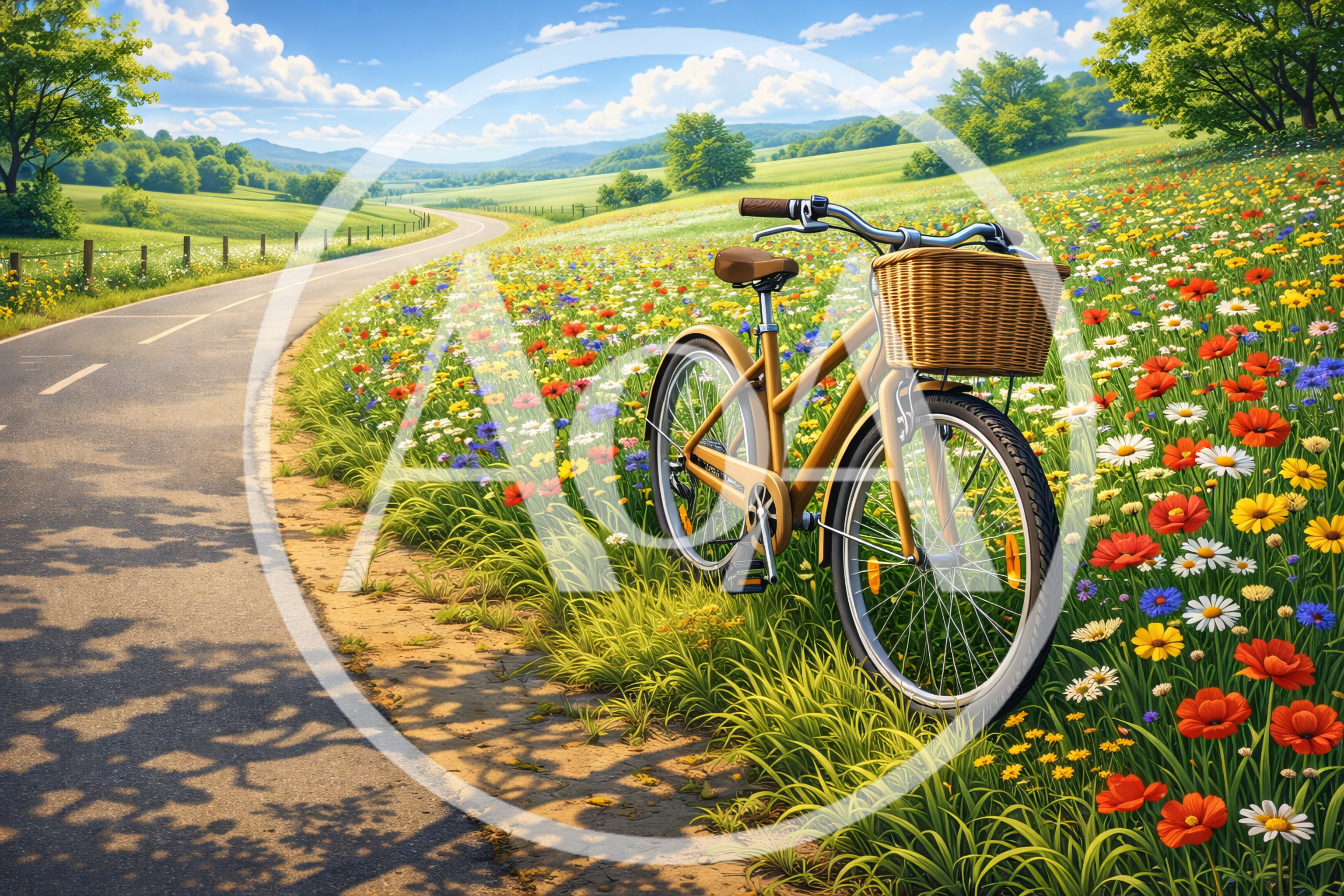 Bicycle With Wicker Basket In A Wildflower Meadow