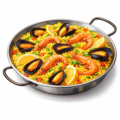 Traditional Spanish Seafood Paella In A Metal Pan