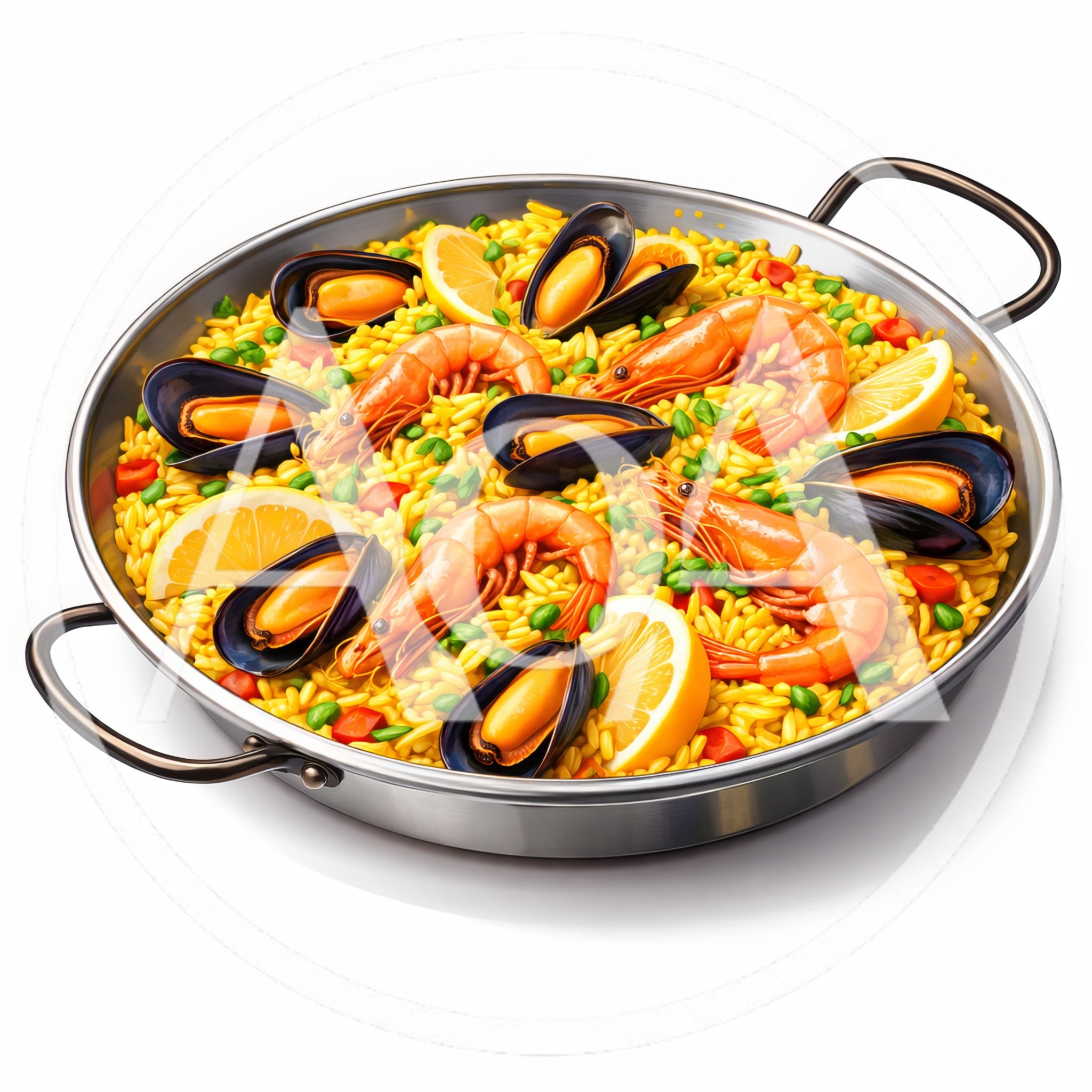 Traditional Spanish Seafood Paella In A Metal Pan