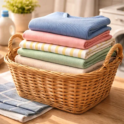 Stack of Folded Laundry in a Wicker Basket