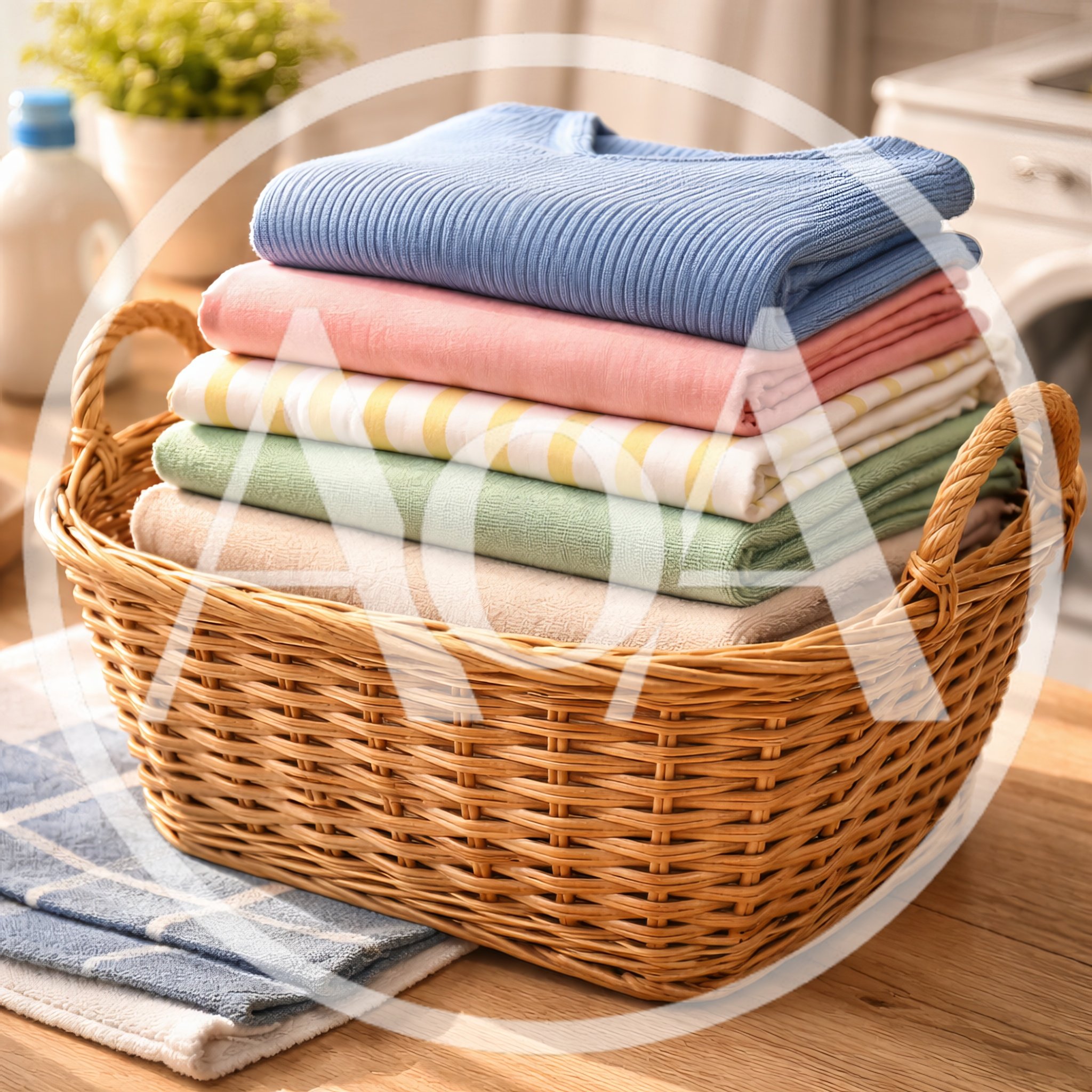 Stack of Folded Laundry in a Wicker Basket
