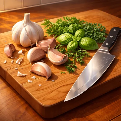 Fresh Garlic Cloves and Herbs on Wooden Cutting Board
