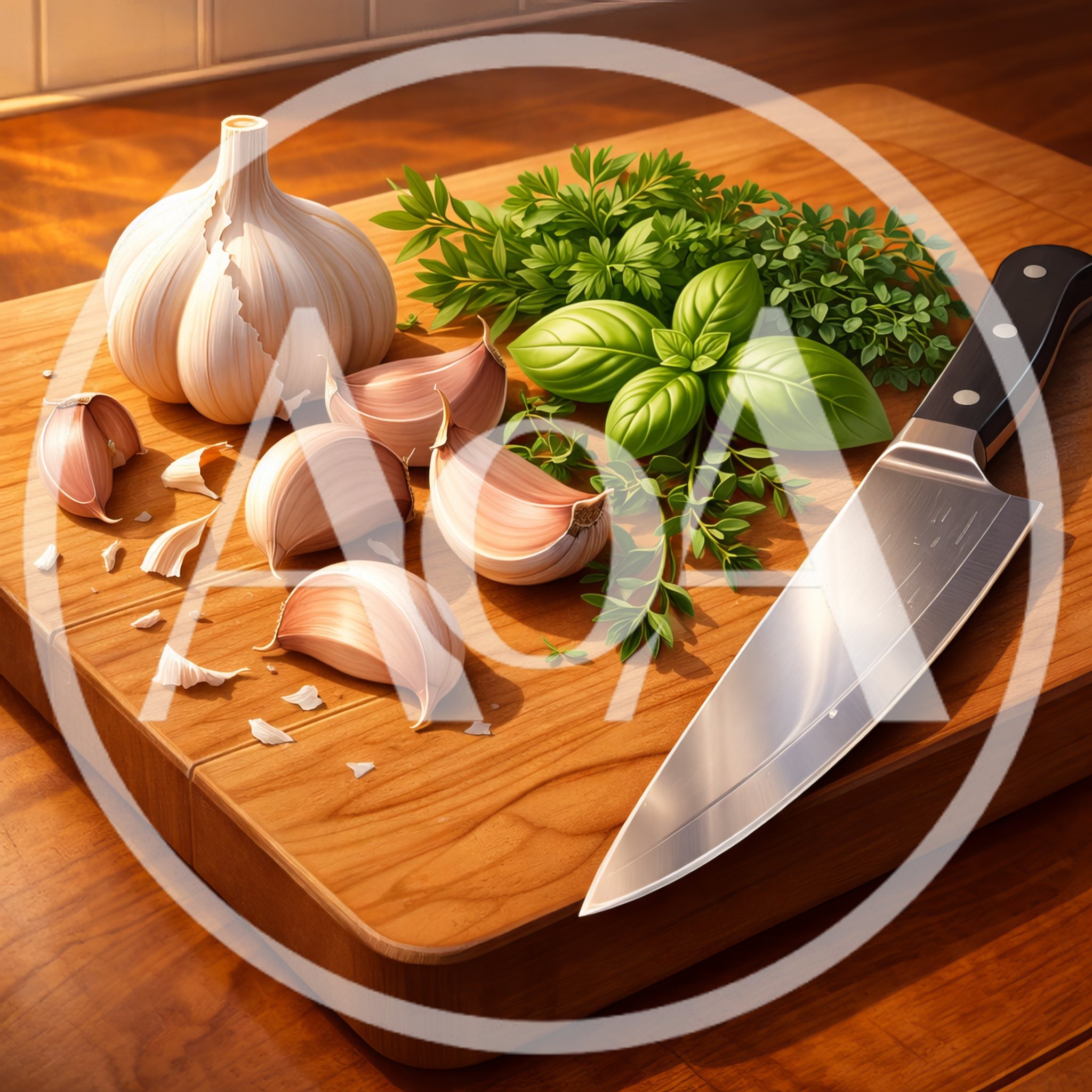 Fresh Garlic Cloves and Herbs on Wooden Cutting Board