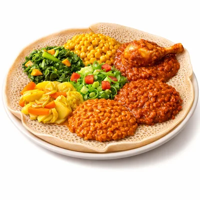 Traditional Ethiopian Injera Platter With Assorted Stews