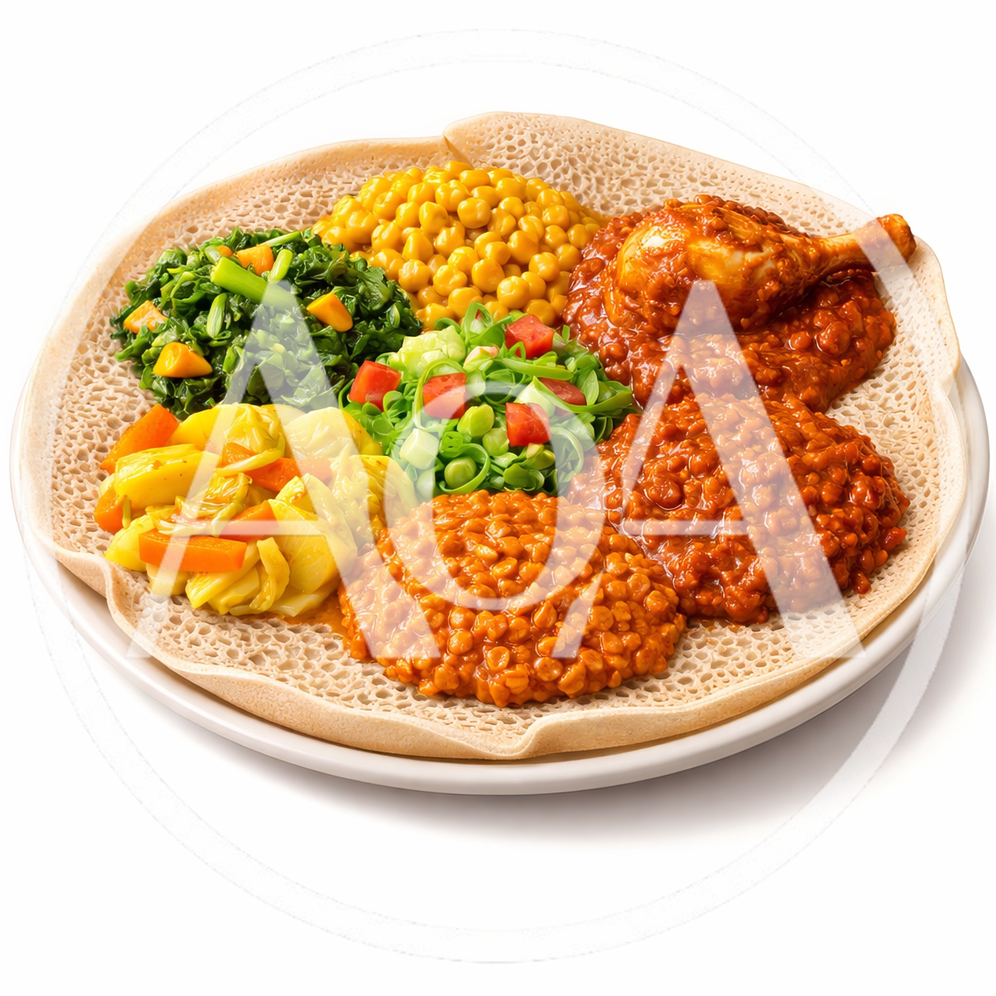 Traditional Ethiopian Injera Platter With Assorted Stews