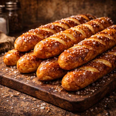 Freshly Baked Pretzel Baguettes On A Wooden Board
