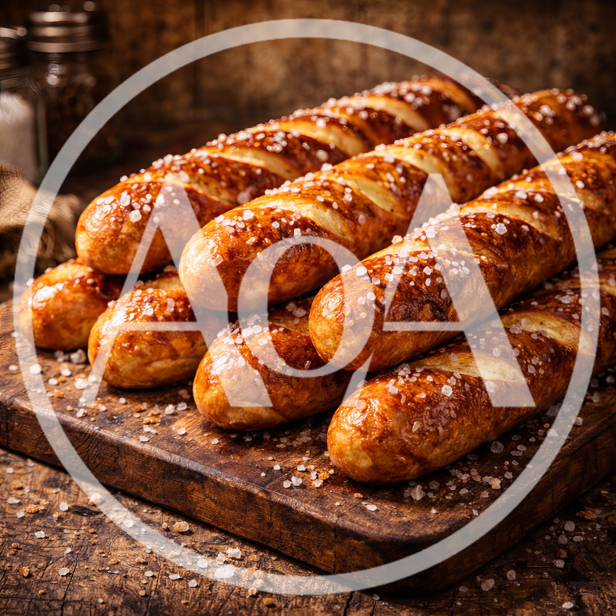 Freshly Baked Pretzel Baguettes On A Wooden Board