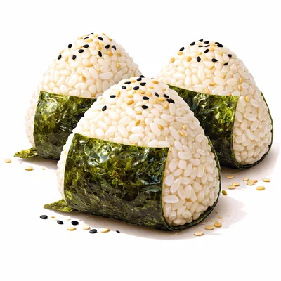 Three Fresh Japanese Rice Balls With Nori Seaweed