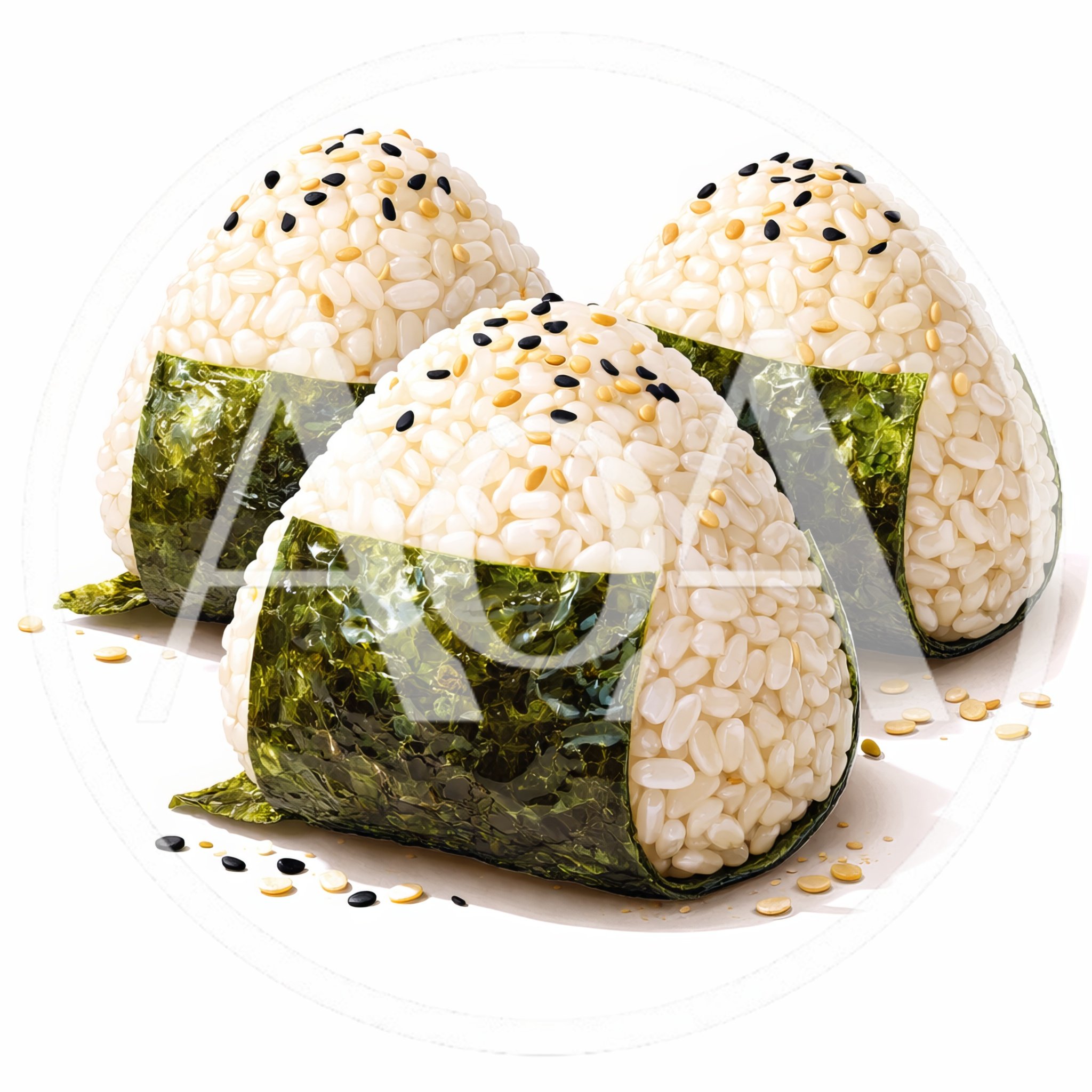 Three Fresh Japanese Rice Balls With Nori Seaweed
