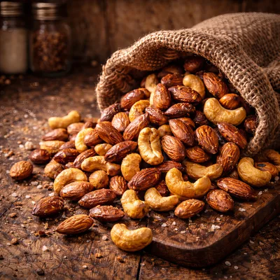 Roasted Almonds and Cashews Spilling From Burlap Sack