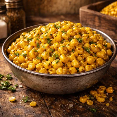 Bowl Of Roasted Seasoned Chickpeas On Rustic Table
