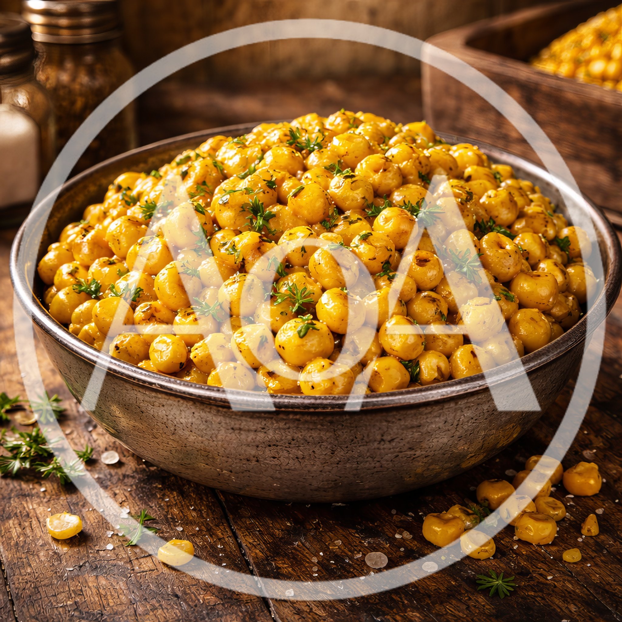 Bowl Of Roasted Seasoned Chickpeas On Rustic Table