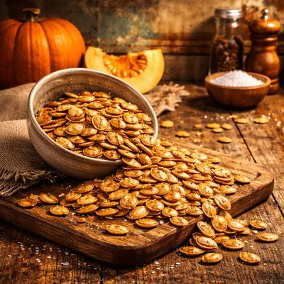 Roasted Pumpkin Seeds Spilled From A Rustic Bowl
