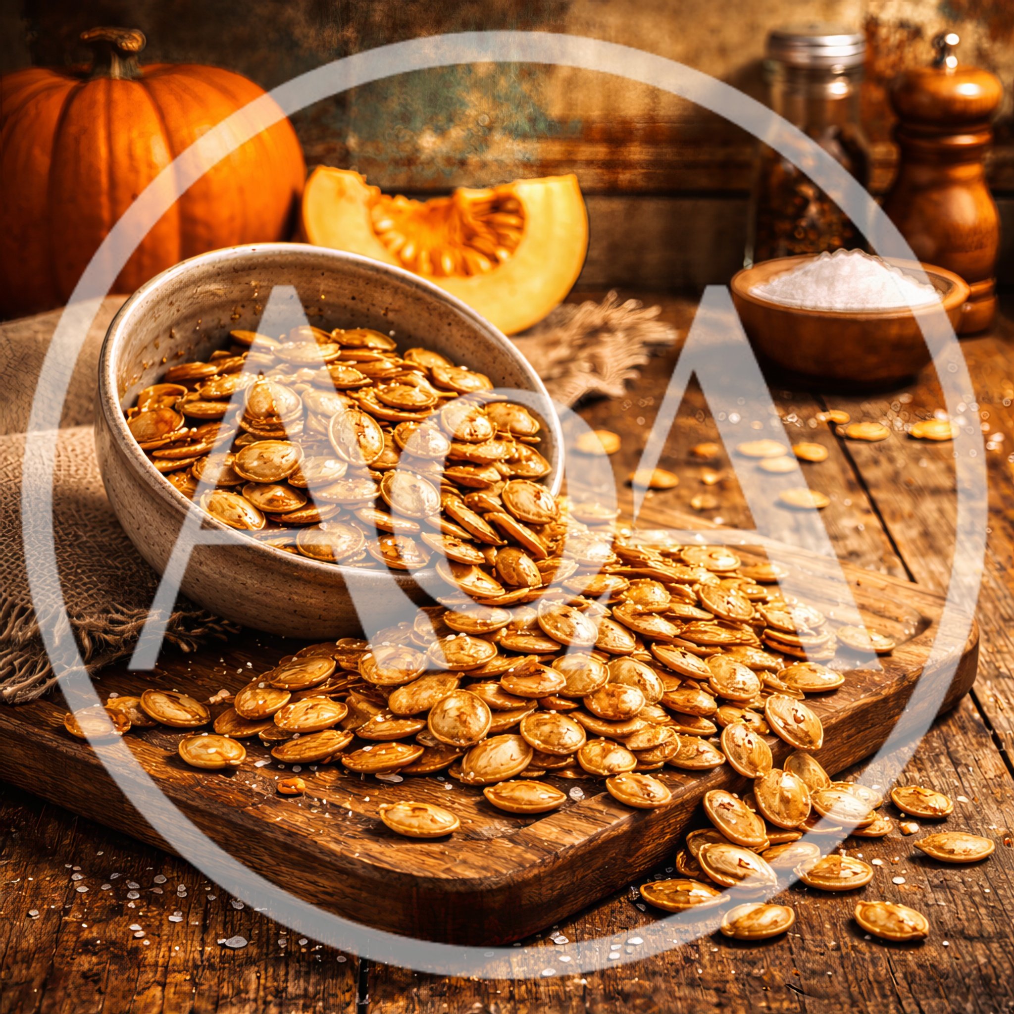 Roasted Pumpkin Seeds Spilled From A Rustic Bowl
