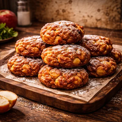 Stack Of Freshly Baked Apple Fritters On Wooden Board