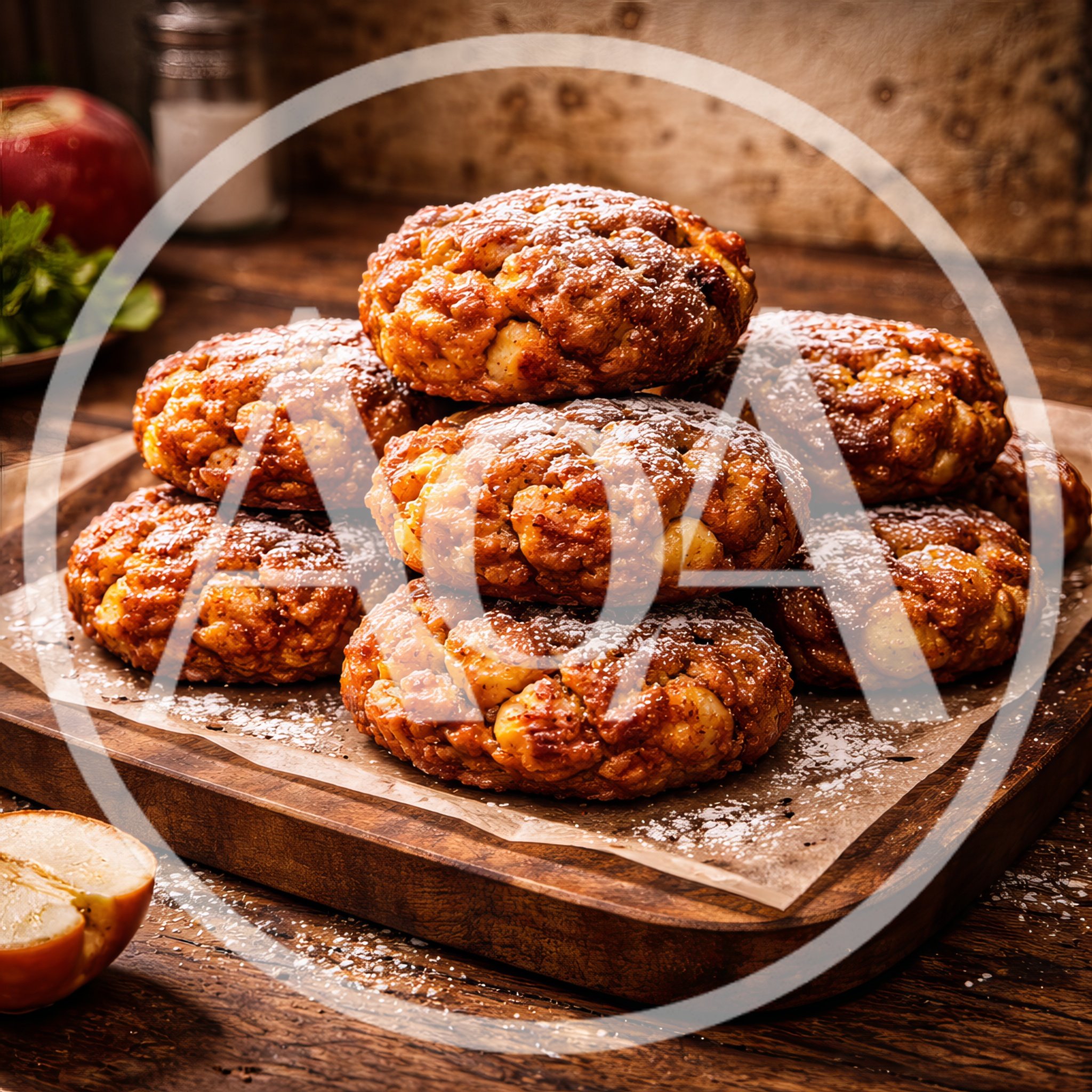 Stack Of Freshly Baked Apple Fritters On Wooden Board