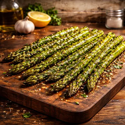 Grilled Asparagus Spears on a Wooden Cutting Board