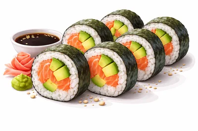 Fresh Salmon And Avocado Sushi Rolls With Soy Sauce