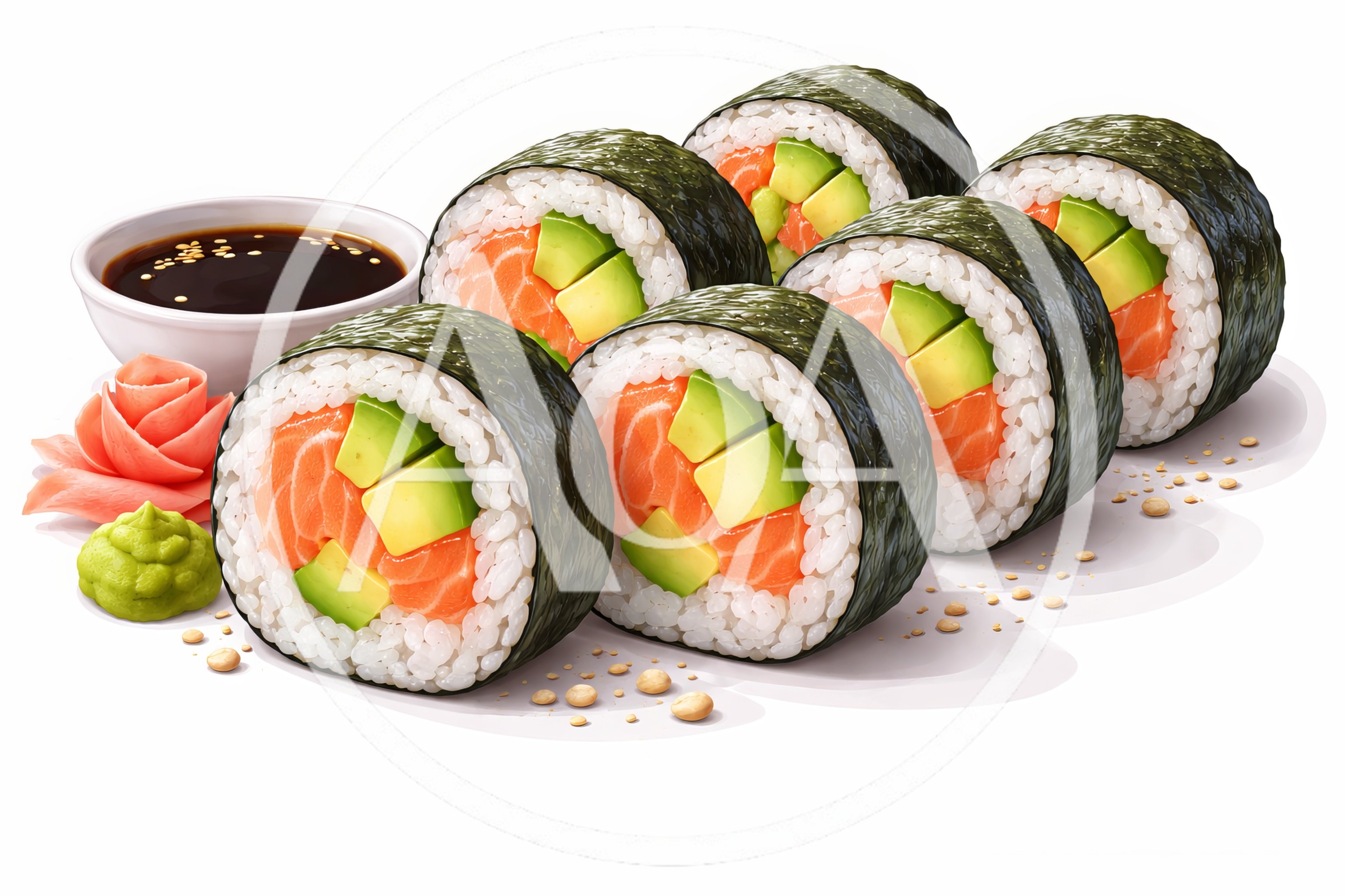 Fresh Salmon And Avocado Sushi Rolls With Soy Sauce