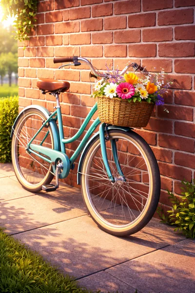 Vintage Teal Bicycle With Flower Basket Against Brick Wall