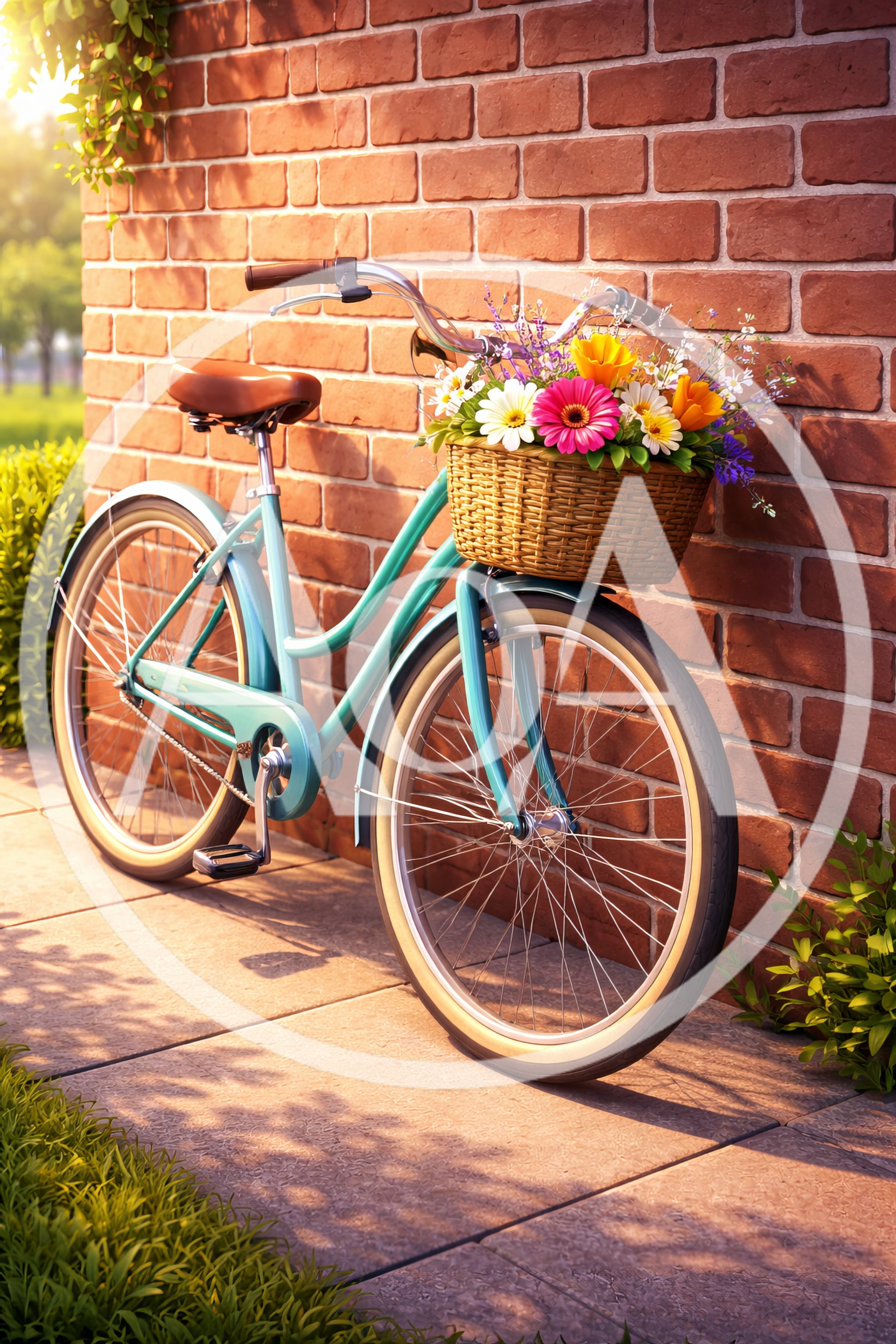 Vintage Teal Bicycle With Flower Basket Against Brick Wall