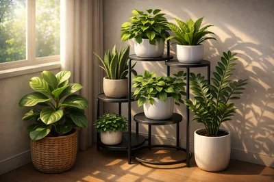 Indoor Plant Collection Displayed On A Metal Stand