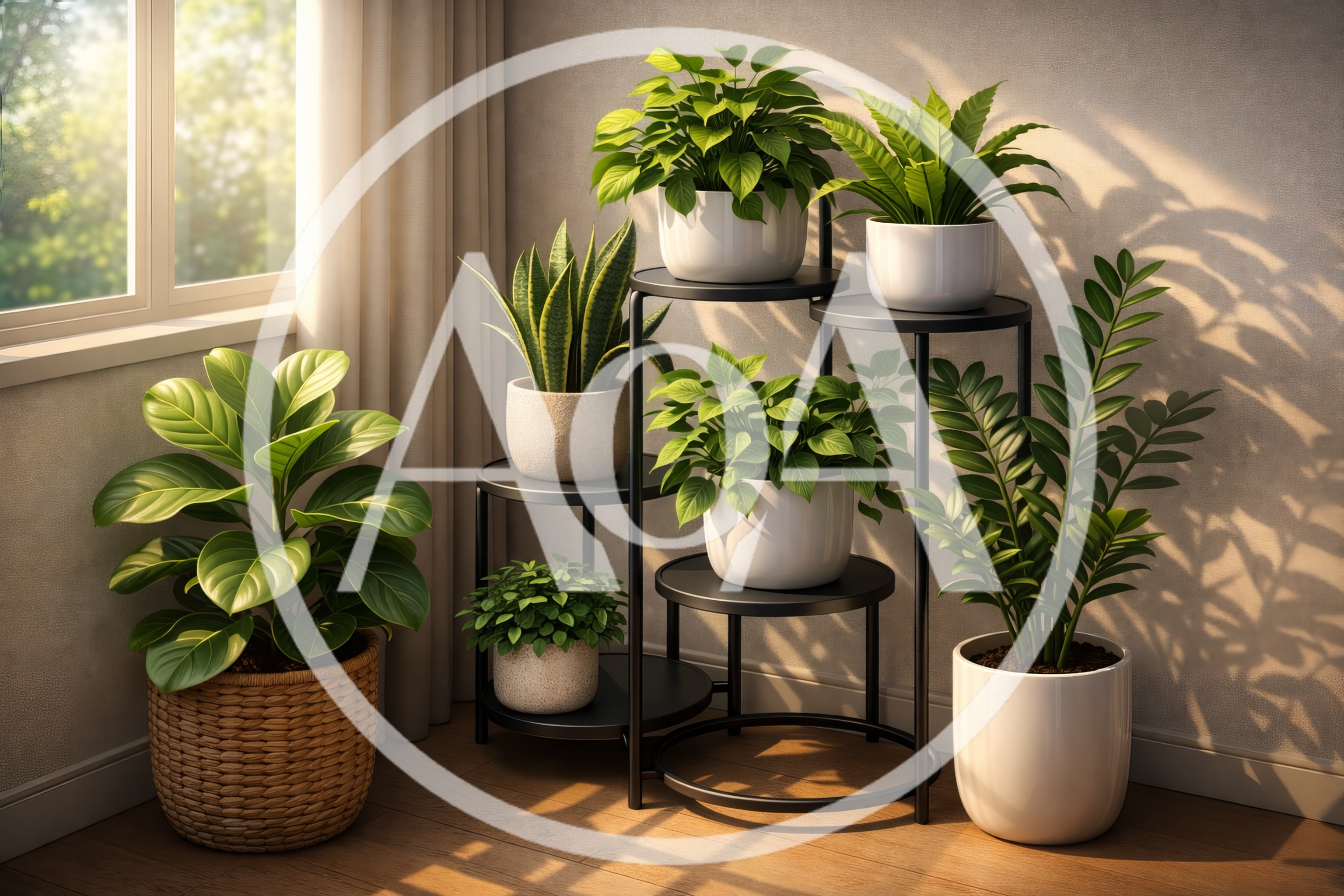 Indoor Plant Collection Displayed On A Metal Stand